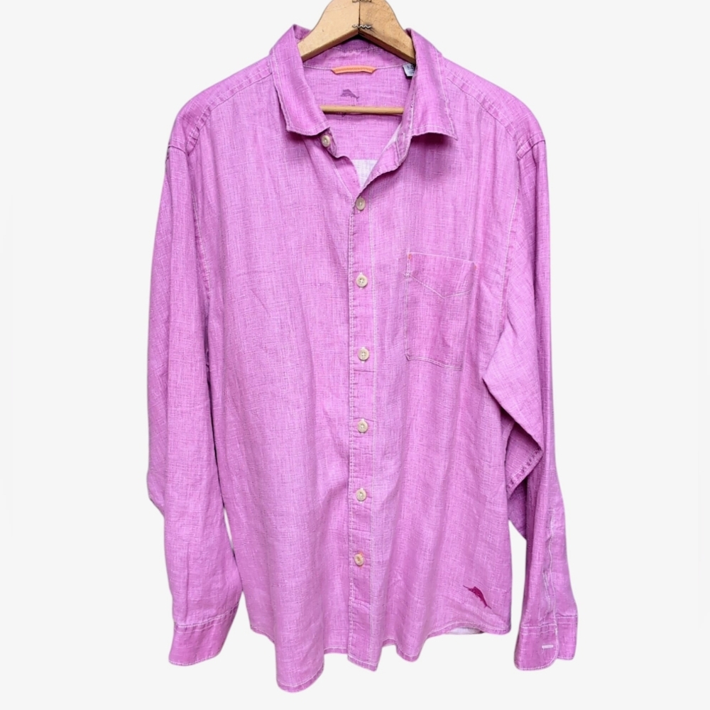 Tommy Bahama Men's LARGE 100% Linen Long Sleeve Shirt Orchid Pink